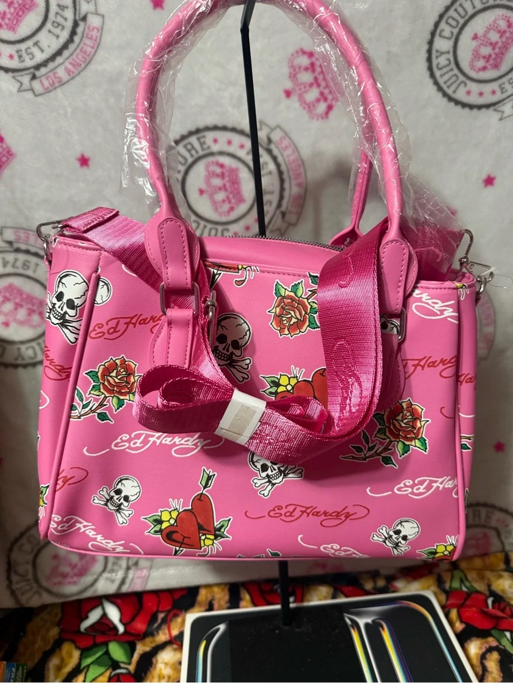 Ed Hardy Hot Pink Tattoo-Print Satchel